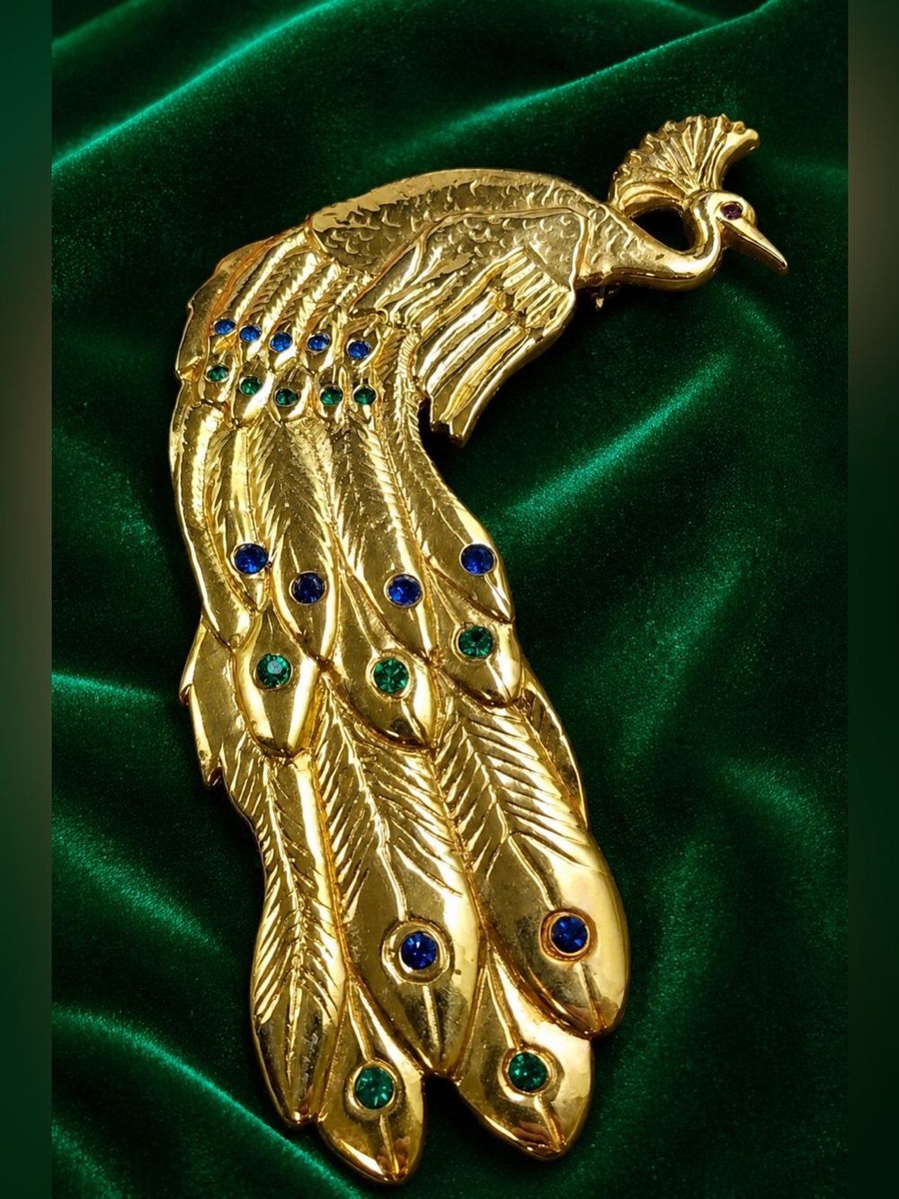 Rare Vtg ROBIN KAHN Gold tone Large 4,5”Statement Peacock Brooch Pin